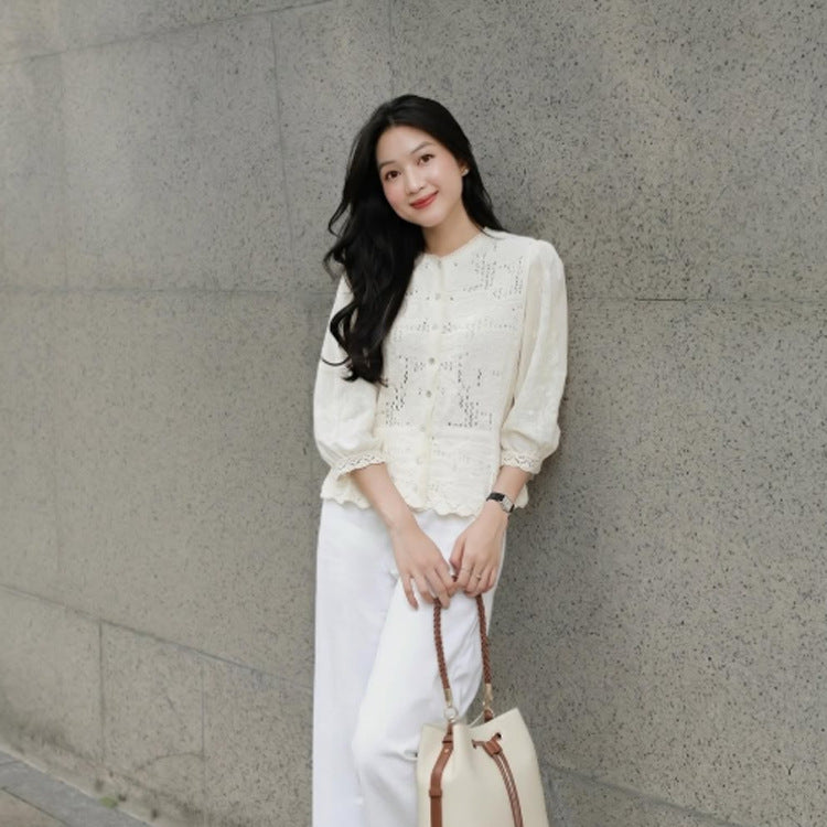 Women's Romantic Crochet Blouse with Continuous Button Placket, V-Neck and Three-Quarter Balloon Sleeves Amarae
