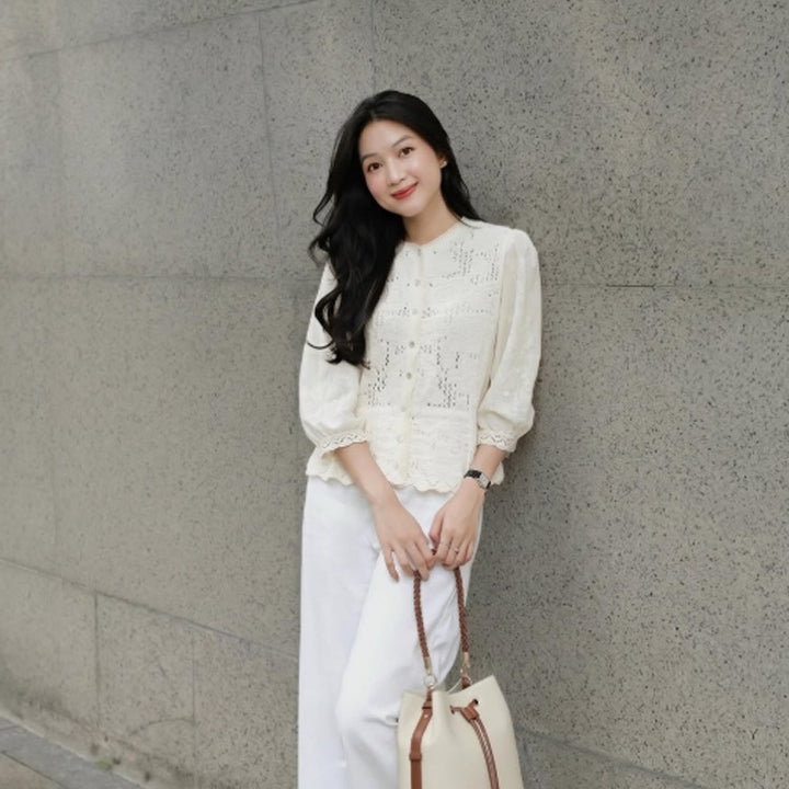 Women's Romantic Crochet Blouse with Continuous Button Placket, V-Neck and Three-Quarter Balloon Sleeves Amarae