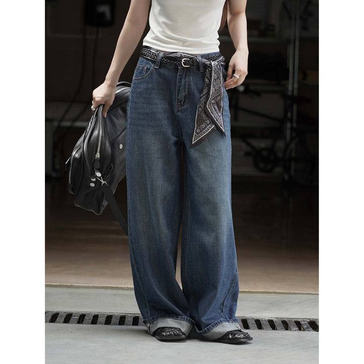 Women Extra Wide Denim Baggy Pants with Deep Crotch, Rolled Hem and Palazzo Fall Amarae