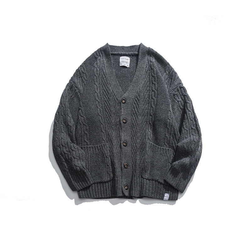 Unisex Oversized Knit Cardigan with Cable Pattern, V-Neck and Patch Pockets Amarae