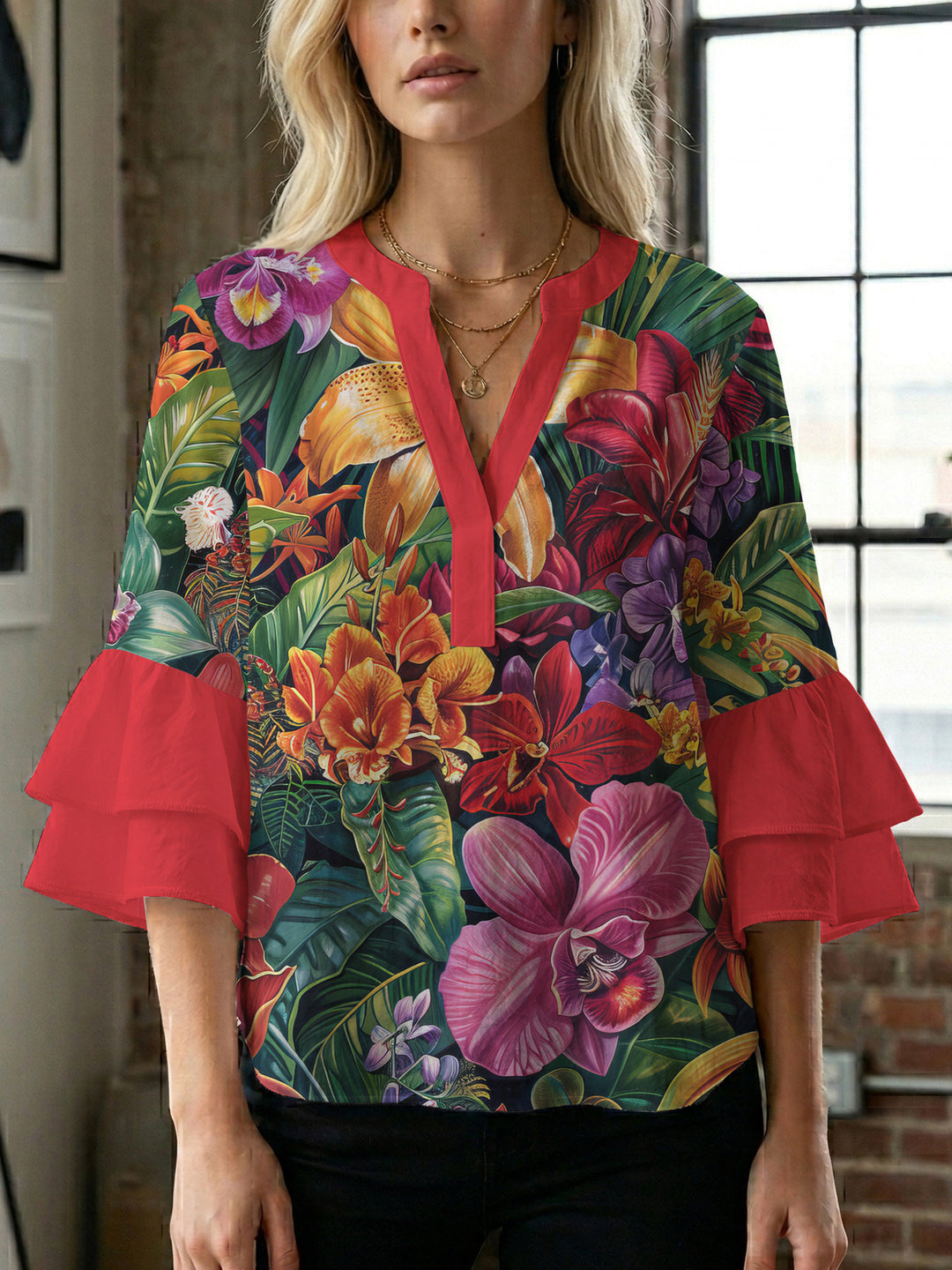 Women’s blouse with voluminous ruffled sleeves and floral pattern Lune London