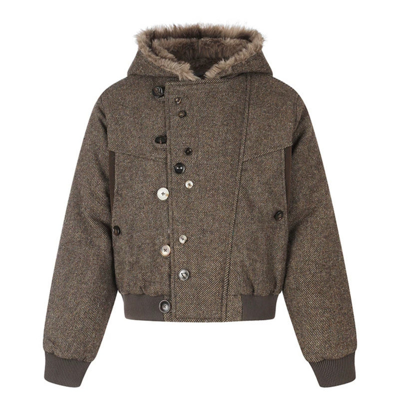 Women's hooded bomber jacket with faux fur lining, asymmetrical multi-button placket, and ribbed hem Amarae