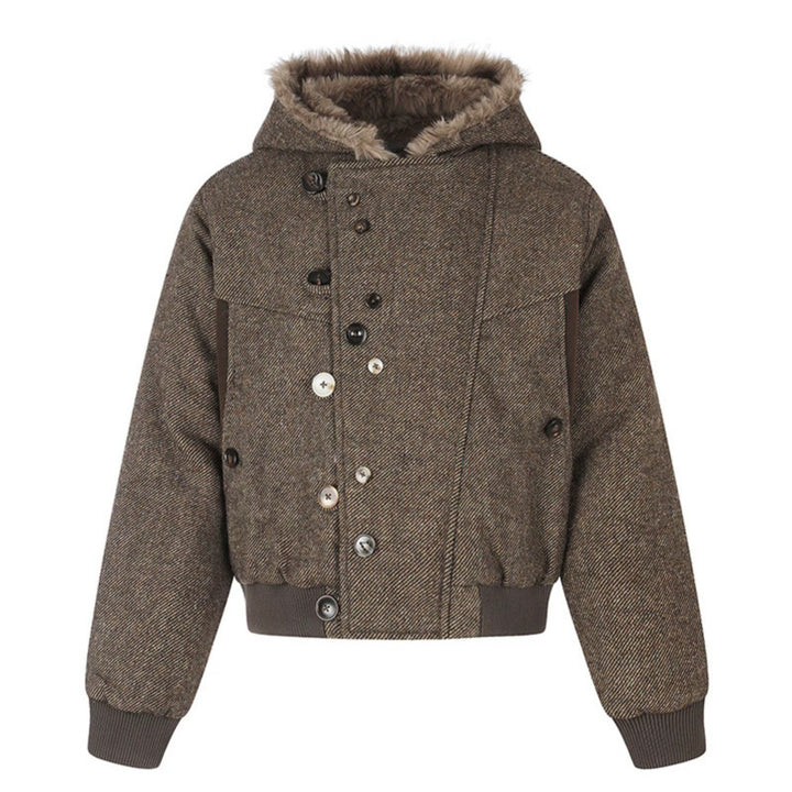 Women's hooded bomber jacket with faux fur lining, asymmetrical multi-button placket, and ribbed hem Amarae