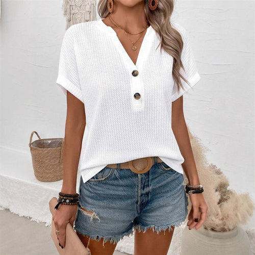 Casual short sleeve t-shirt for women with a decorative button placket design and a chic honeycomb texture