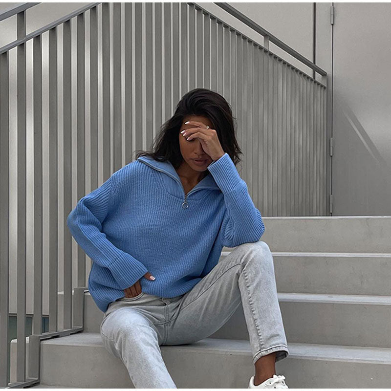 Pull en tricot oversize pour femmes avec col montant et fermeture éclair Chic & Stil