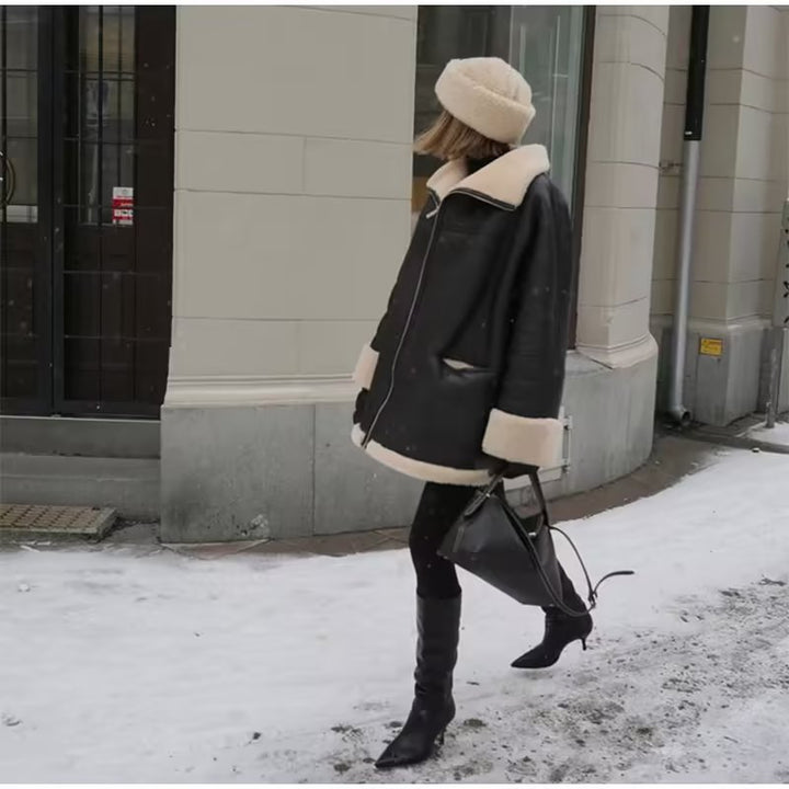 Synthetic leather jacket for women with soft teddy lining and practical pockets Lune London