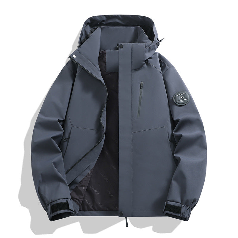 Men's softshell performance jacket with removable hood, concealed full-length zipper, and ergonomic cut Amarae