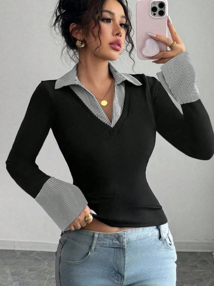 Ladies fine knit sweater with integrated shirt collar and striped cuffs Amarae