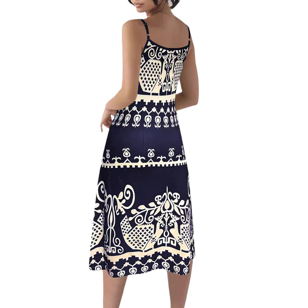 Summer beach dress for women with a creative crochet neckline and a chic and stylish graphic pattern.