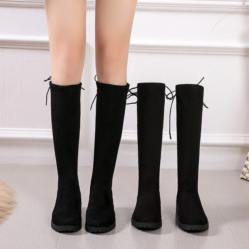 Knee-high boots for women with a velvet surface and adjustable lacing detail Lune London