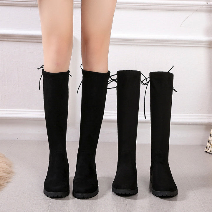 Knee-high boots for women with a velvet surface and adjustable lacing detail Lune London