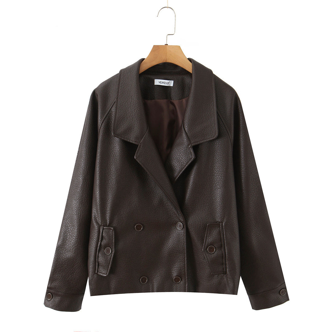 Faux leather jacket for women with double row of buttons and large lapels Lune London
