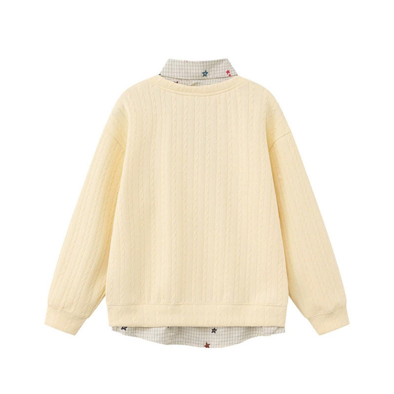 Women's Layered-Look Knit Sweater with Attached Shirt Placket, Star Appliqués and Chain Charm Amarae