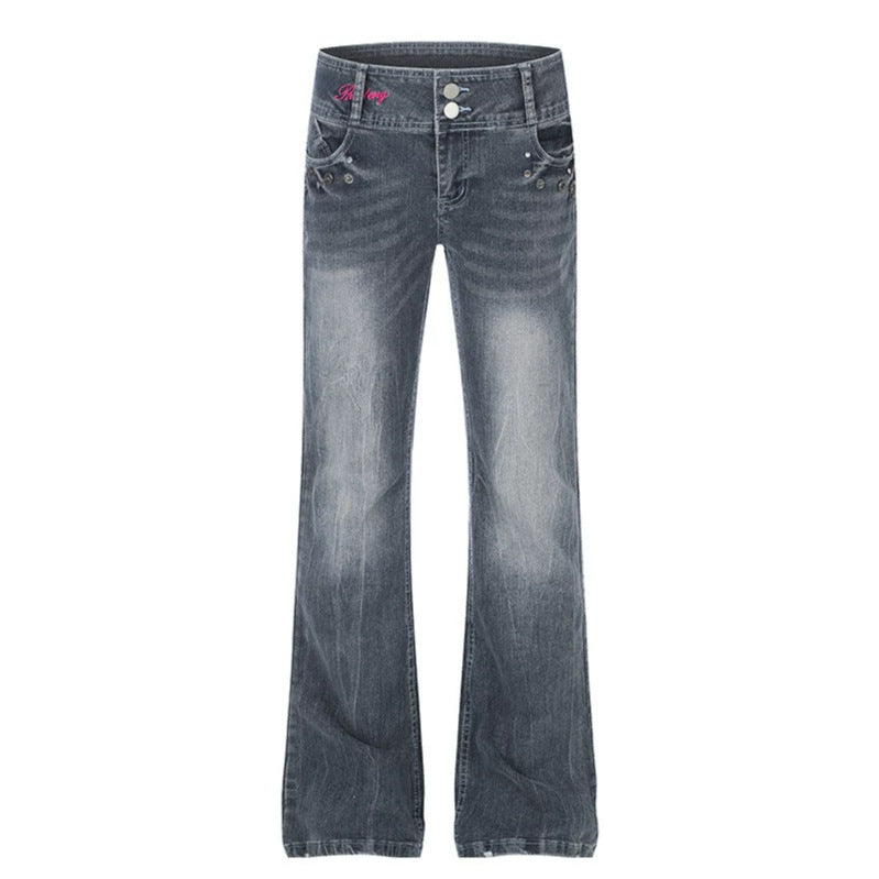 Women's High-Waist Flared Jeans with Wide Leg, Double Button and Stud Detail Amarae