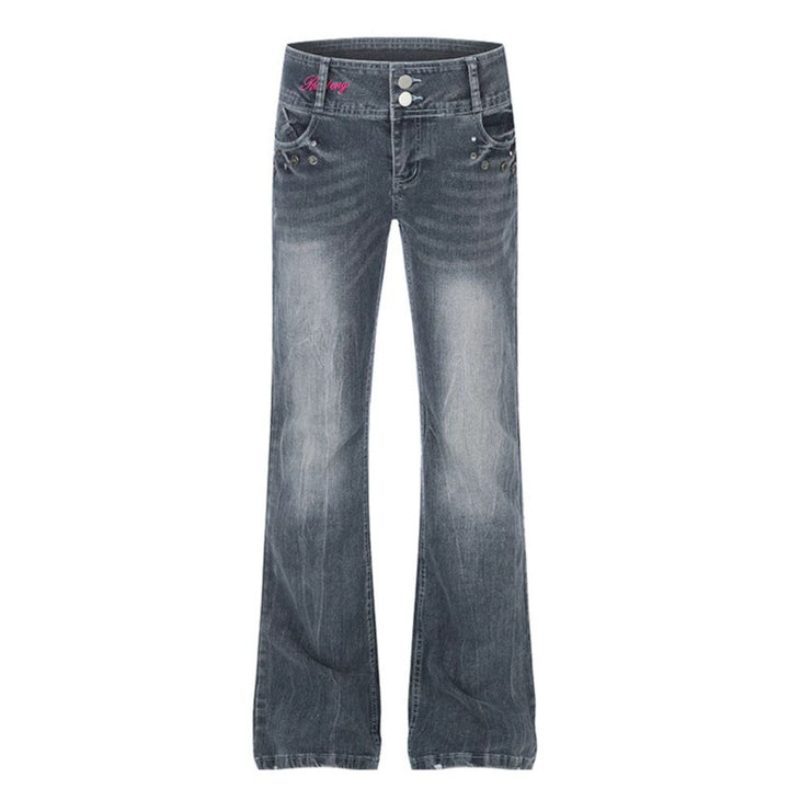 Women's High-Waist Flared Jeans with Wide Leg, Double Button and Stud Detail Amarae
