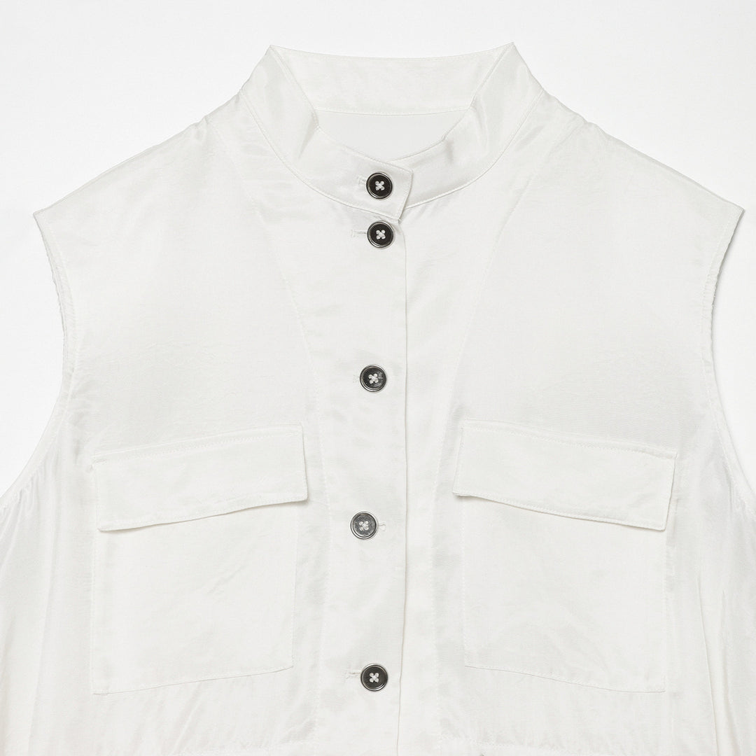 Women's utility vest with stand-up collar, button placket, drawstring, and patch pockets Amarae