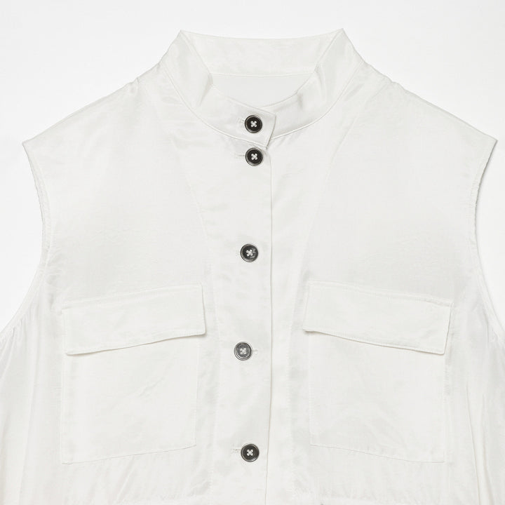 Women's utility vest with stand-up collar, button placket, drawstring, and patch pockets Amarae