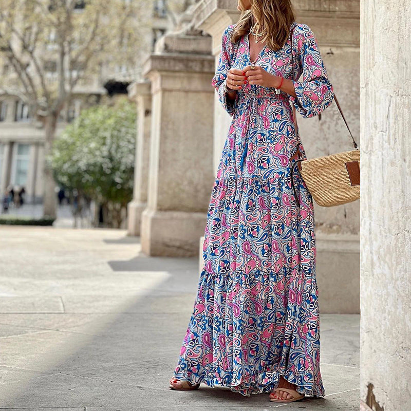 Maxi dress for women with knotted V-neck and voluminous sleeves Lune London