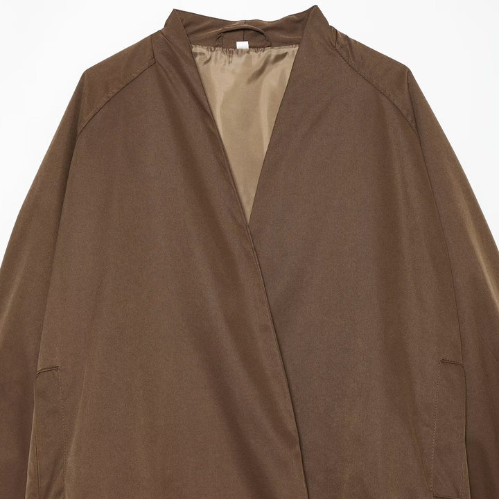 Ladies Lightweight Cropped Bomber Jacket in Oversized Look with Open Shawl Collar Amarae