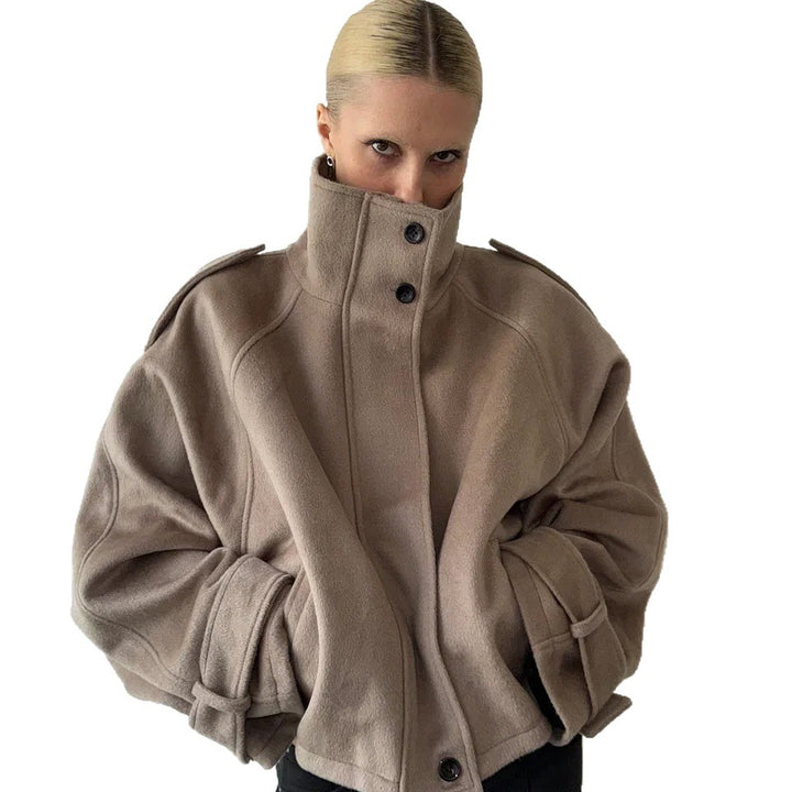 Trendy wool jacket for women with high collar and button details Lune London