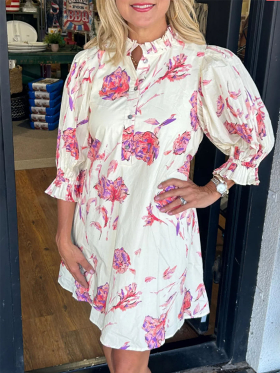 Shirt dress for women with floral accents and ruffle details Lune London