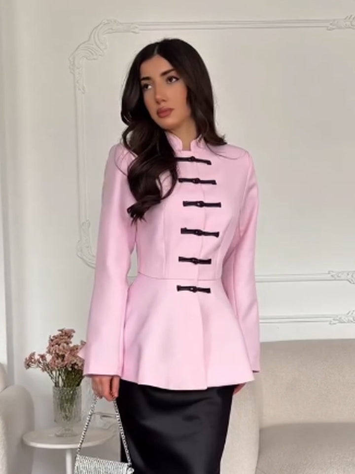 Women's Tailored Peplum Jacket with Stand Collar and Decorative Toggle Fasteners Amarae