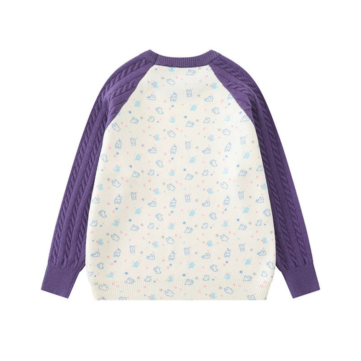 Women's knitted sweater with raglan sleeves, cable pattern sleeves and cartoon cat front print Amarae