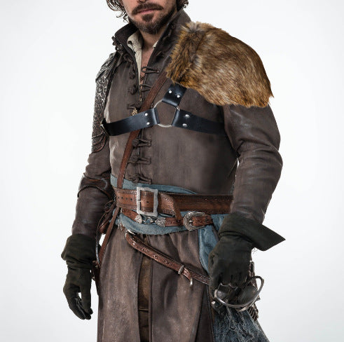 Men's asymmetrical shoulder harness with faux fur shoulder cape and adjustable leather straps Amarae