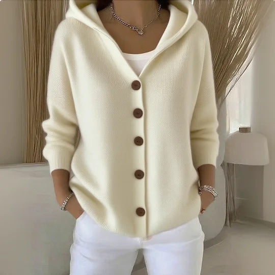 Knitted hooded jacket for ladies with practical button details and a relaxed fit Lune London