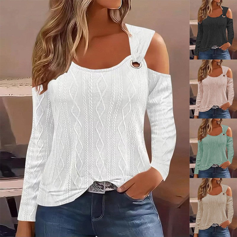 Ladies modern knit sweater with open shoulder design and decorative ring Lune London