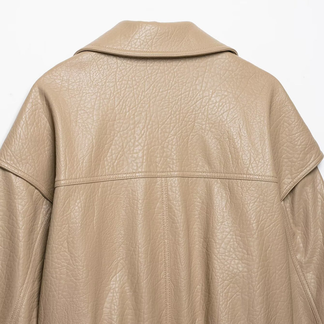 Women's Short Cut Faux Leather Jacket in Oversized Trench Style Amarae