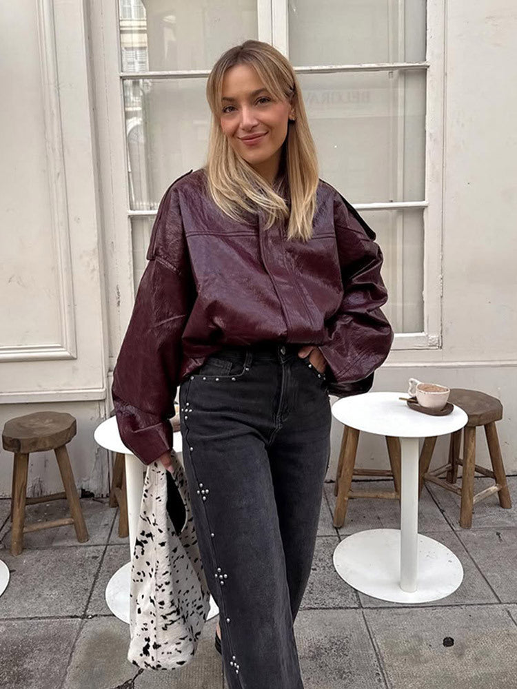 Women's short jacket in glossy patent look with boxy silhouette and dropped shoulders Amarae