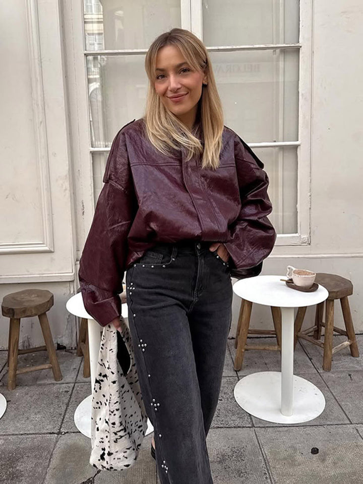 Women's short jacket in glossy patent look with boxy silhouette and dropped shoulders Amarae