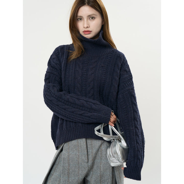 Women Chunky Knit Turtleneck Sweater with Cable Pattern and Relaxed Fit Amarae