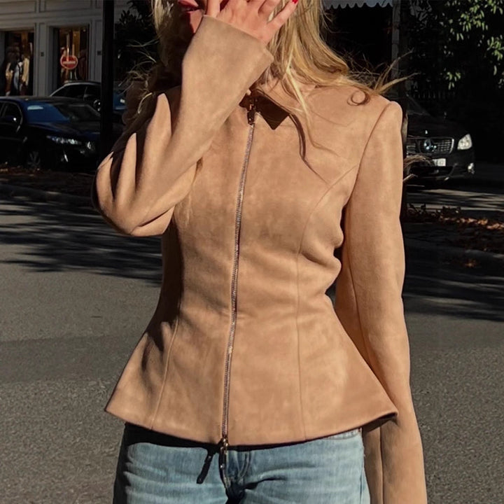 Women's Tailored Suede Look Jacket with Two-Way Zipper Amarae