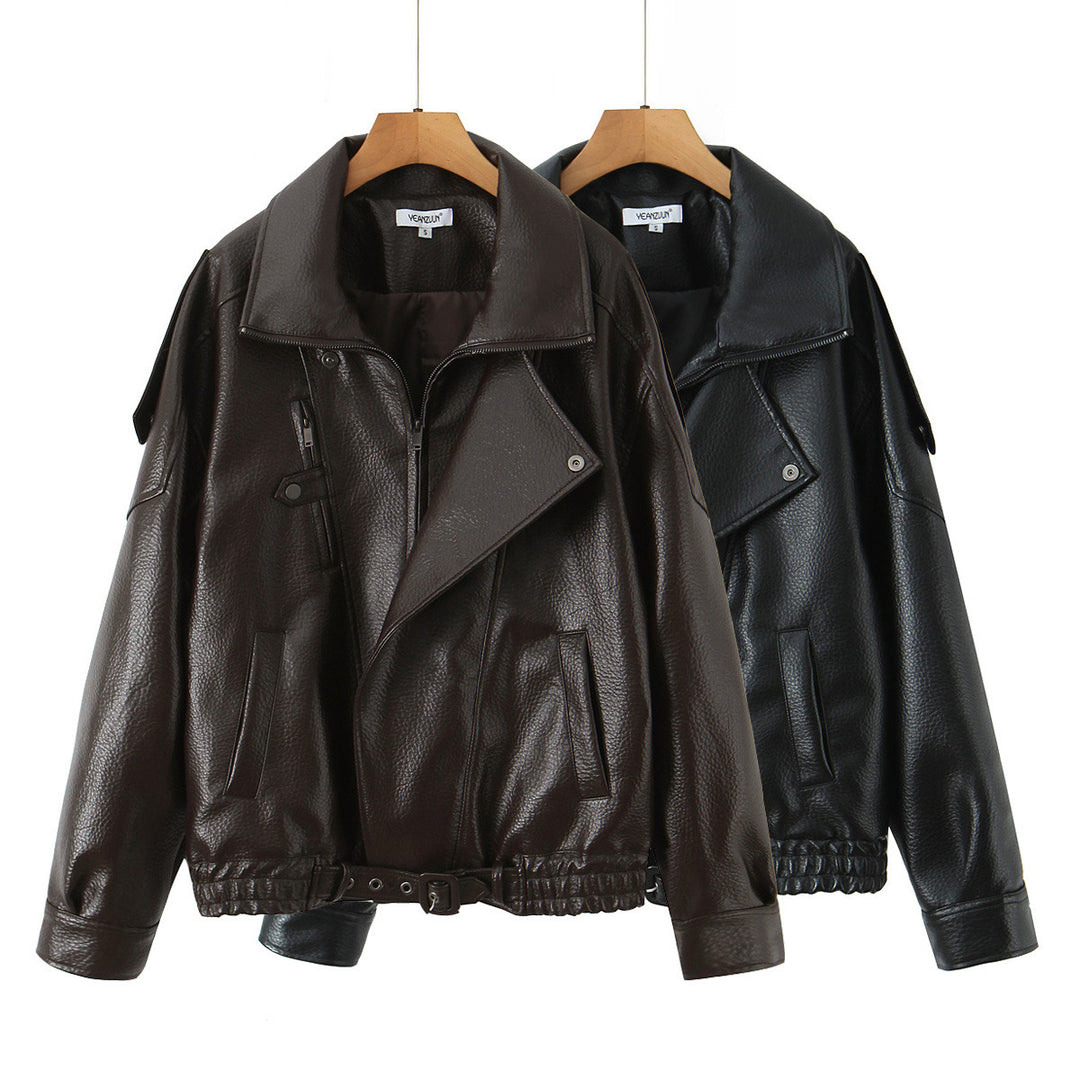 Fashionable women’s synthetic leather jacket with erotic lapels and elastic hem Lune London
