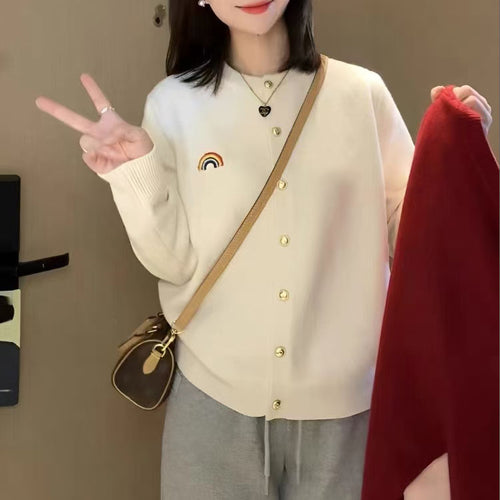 Knitted jacket for women with rainbow pattern and button detail Amarae