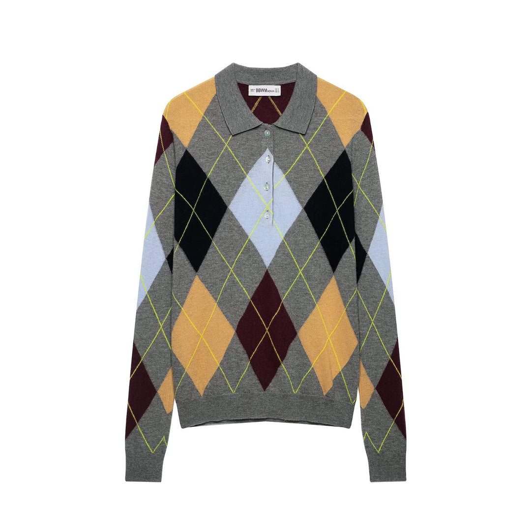 Women's pullover with polo collar and argyle jacquard pattern Amarae