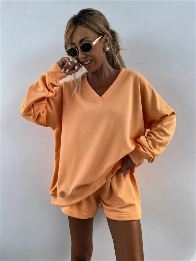 Women casual sweatshirt set with V-neck and sports shorts