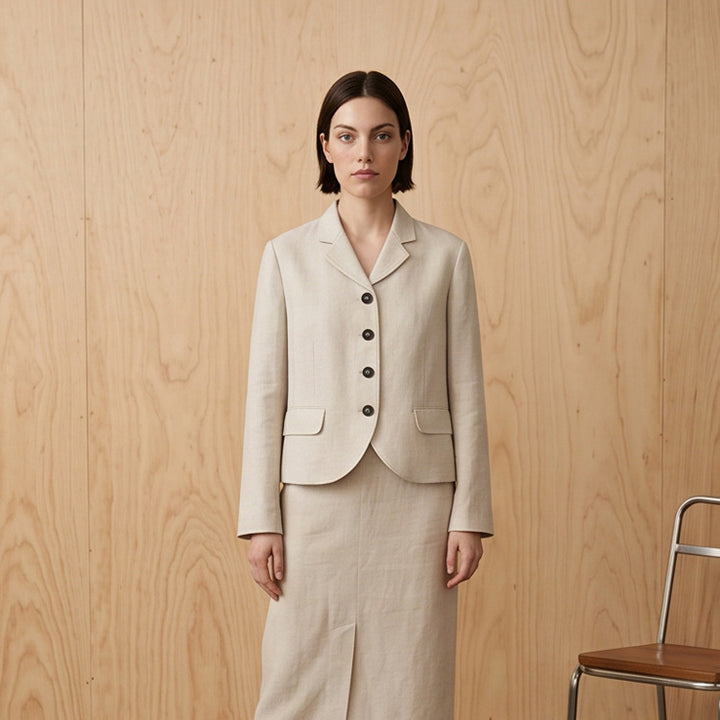 Women's Tailored Linen Blazer with Peplum, Flap Pockets and Full Button Placket Amarae