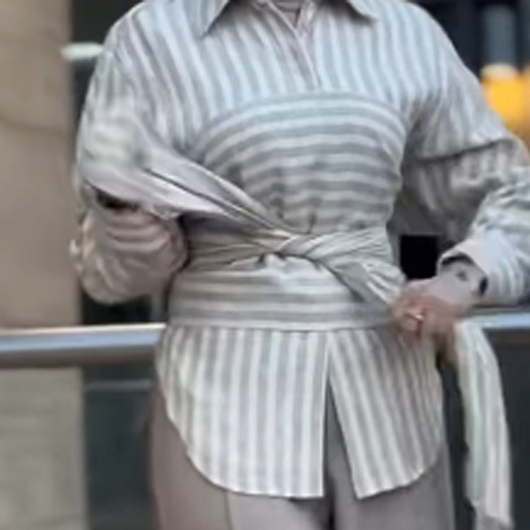 Women Striped Shirt Blouse with Waist Belt, Longer Hem and Side Slit Amarae