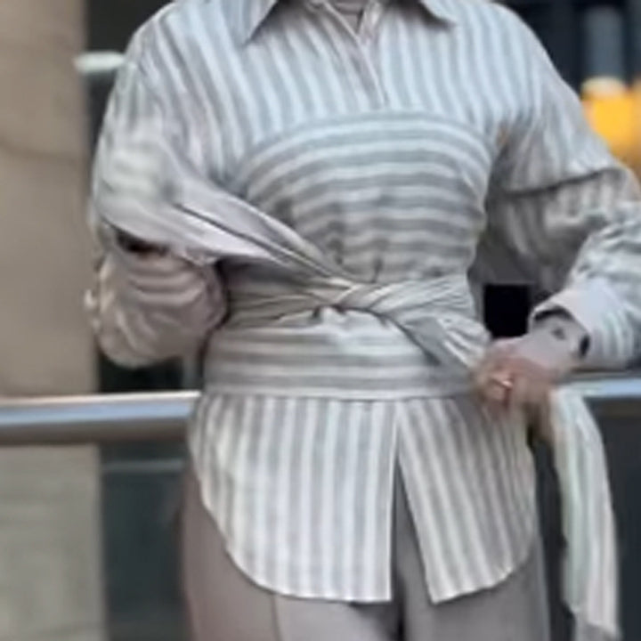 Women Striped Shirt Blouse with Waist Belt, Longer Hem and Side Slit Amarae