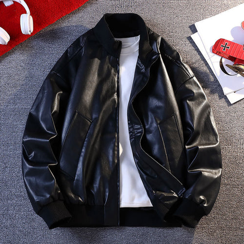 Men's faux leather bomber jacket with elastic ribbed edges and practical pockets Amarae
