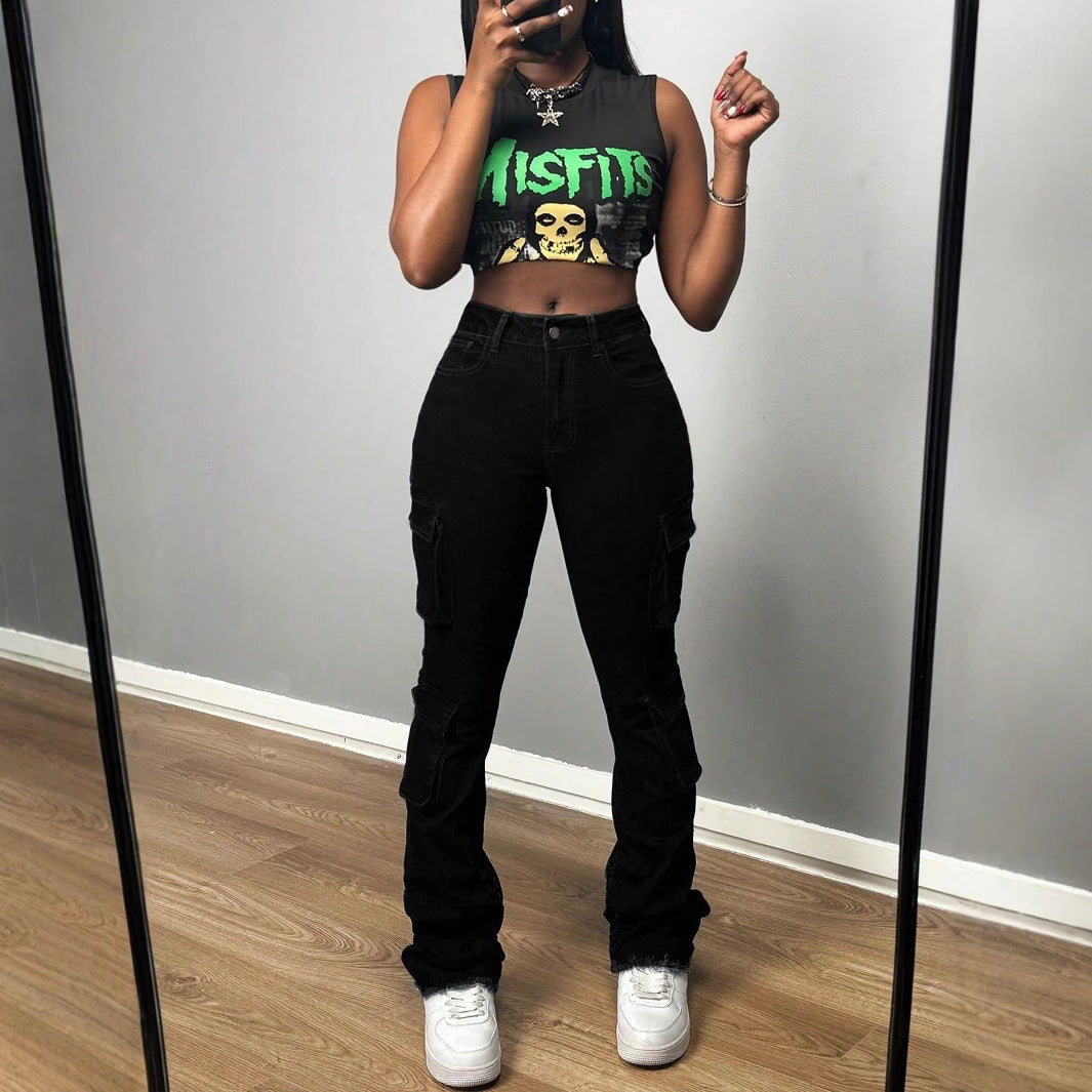 Ladies High-Waisted Cargo Jeans with Multiple Flap Pockets and Long Leg Amarae