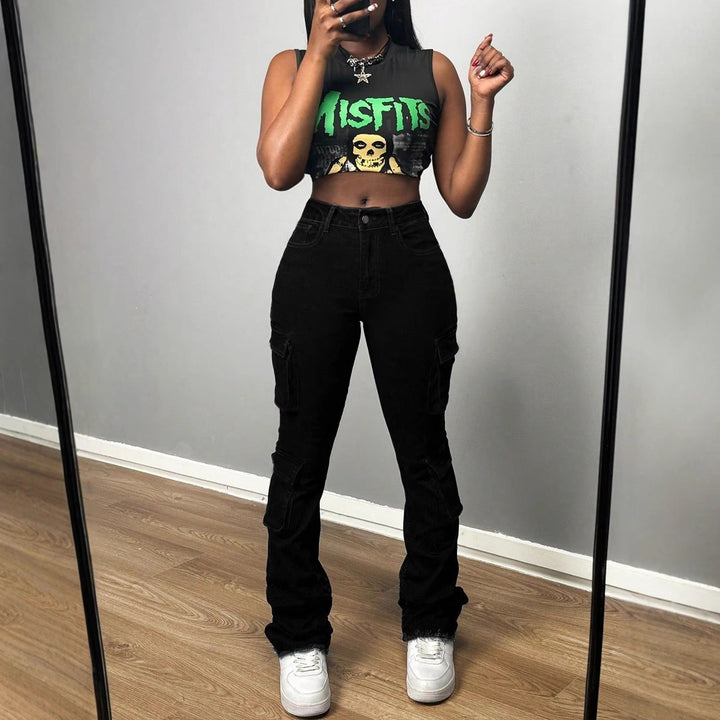 Ladies High-Waisted Cargo Jeans with Multiple Flap Pockets and Long Leg Amarae