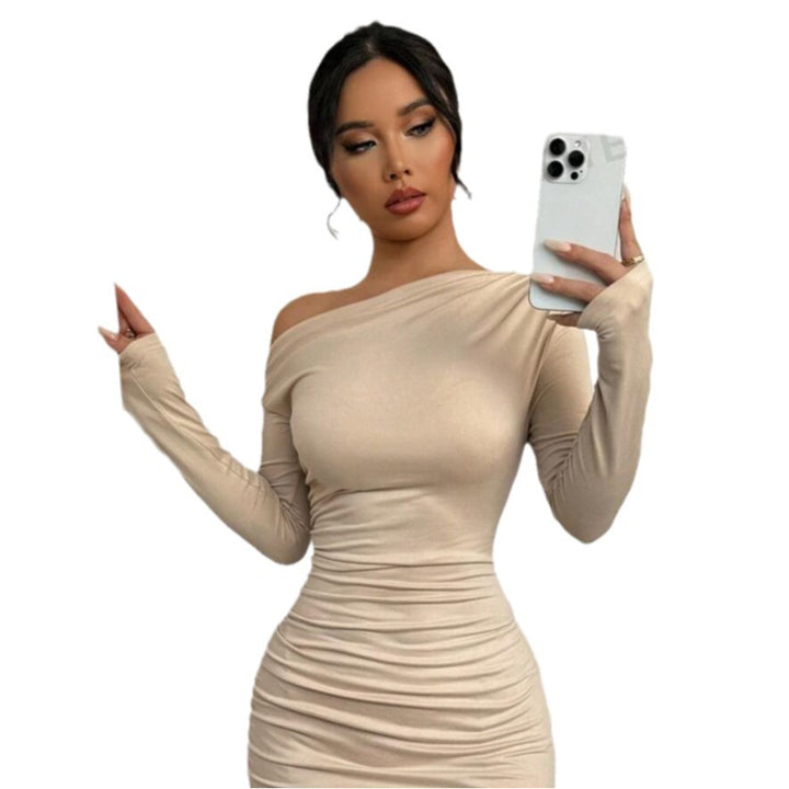 Fitted wrap dress for women with asymmetric neckline and long sleeves Lune London