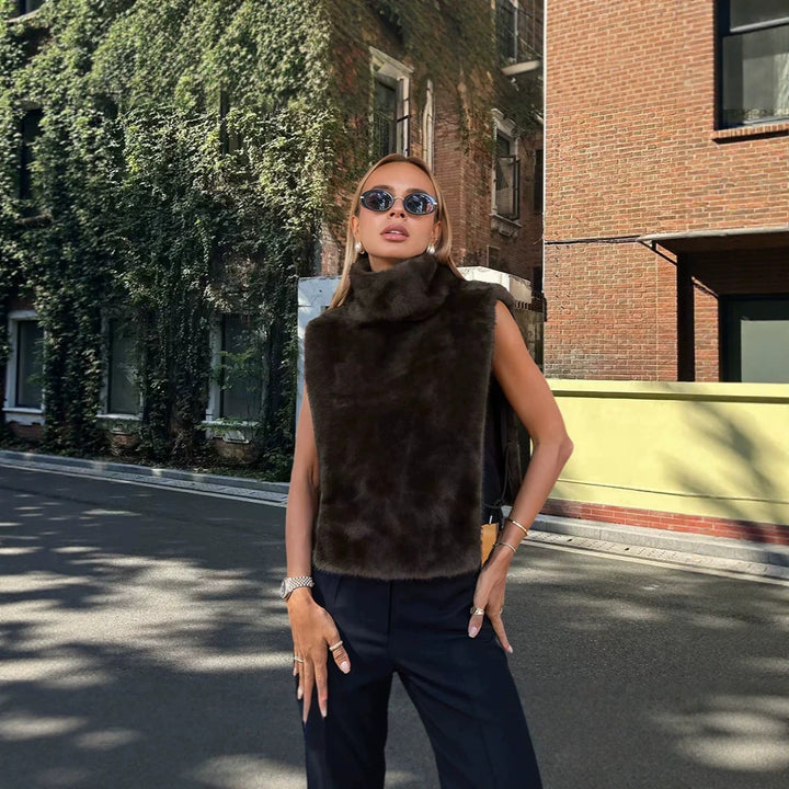 Women’s Sleeveless Faux Fur Vest with High Wrap Collar and Short Cut Amarae