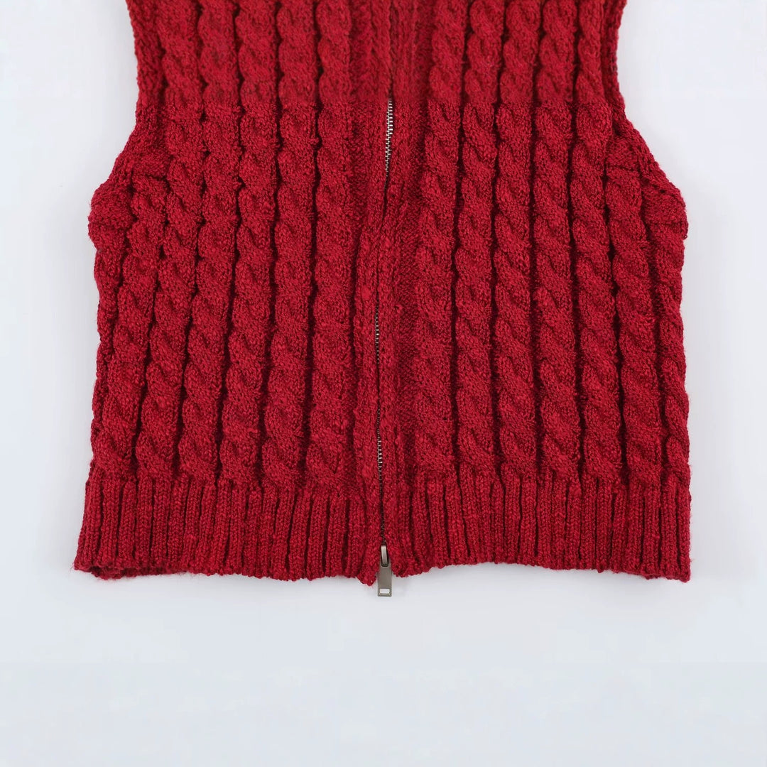 Women Sleeveless Cable Knit Vest with Stand-Up Collar and Full Zipper Amarae
