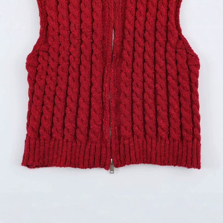 Women Sleeveless Cable Knit Vest with Stand-Up Collar and Full Zipper Amarae
