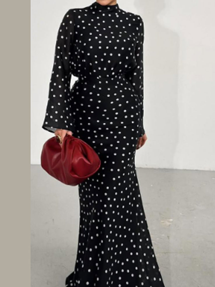 Women's maxi dress with waist-accentuating mermaid silhouette and polka dot print Amarae